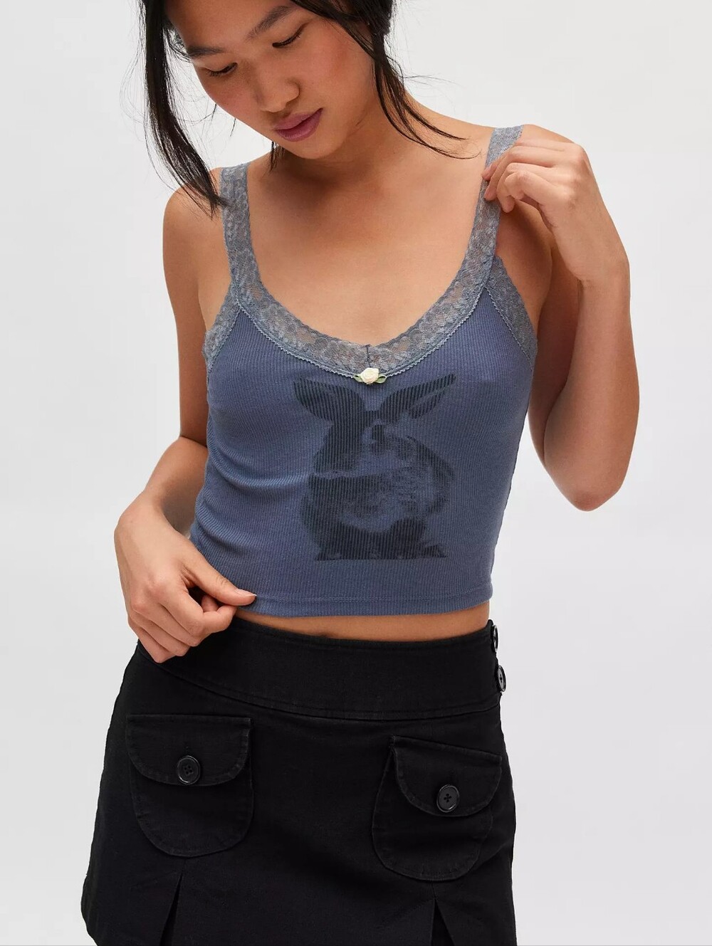 Kimchi Blue Remi Bunny Graphic Tank Top Juniors Large XL Dark Gray Lace Trim